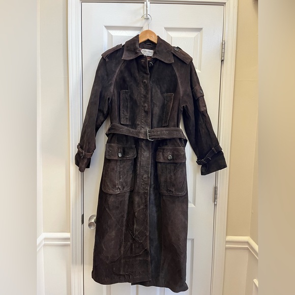 Vintage Jackets & Blazers - Vintage Calvin Klein for Beged-Or Genuine Suede Leather Belted Trench Coat Brown